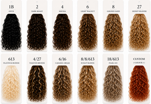 a colour chart showing curly hair extensions in dark, blonde, balayage and custom made colours